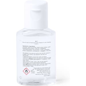 A clear liquid hand sanitiser in a small, transparent container with a white flip-top lid.