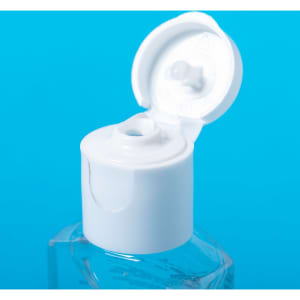 A clear gel hand sanitiser in a transparent bottle with a white cap slightly opened.