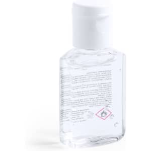 A small, clear bottle of hydroalcoholic gel with a white cap, featuring a logo and safety symbols.
