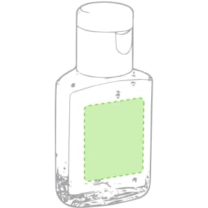 A clear bottle of hydroalcoholic gel featuring a pump top, with a green label area.