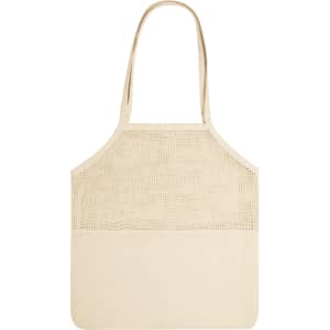 A beige tote bag with a netted upper section and a solid lower portion. It has two shoulder straps and a logo.