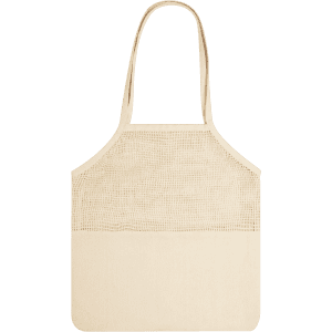 A tote bag in a natural colour with a mesh-style upper and solid lower section. It features shoulder straps and a logo.