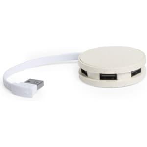 A round, cream-coloured USB hub with a white cable, featuring multiple USB ports in a sleek design.