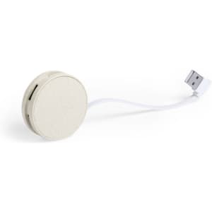 A round, beige USB hub with a retractable white cable and a USB connector. It has a logo on the surface.