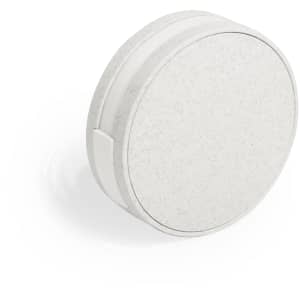 A white USB hub with a textured finish, featuring a circular design and a subtle branding element.
