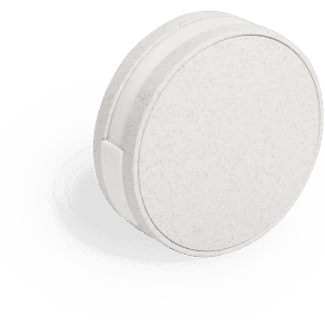 A round, speckled white USB hub with a smooth finish and a compact design, featuring a logo on the surface.