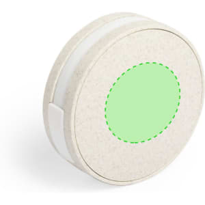 A round, eco-friendly USB hub in a light beige colour with a green circular area, featuring a logo.