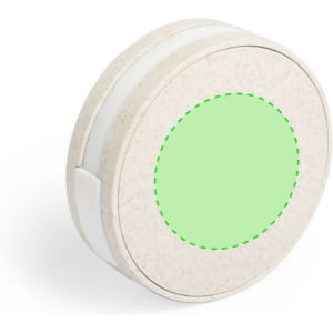 A round, light grey USB hub with a green circular section, featuring a logo on its surface.