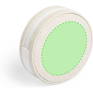 A circular USB hub in a light grey case with a green centre and a logo.