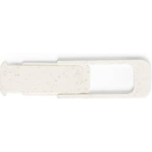 A white webcam cover with a sliding mechanism, featuring a speckled design. It has a logo on its surface.