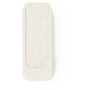 A cream-coloured webcam cover with a smooth finish and a simple design, featuring a logo.