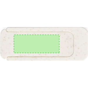 A cream-coloured webcam cover with a green section for visibility, featuring a simple design and branding.