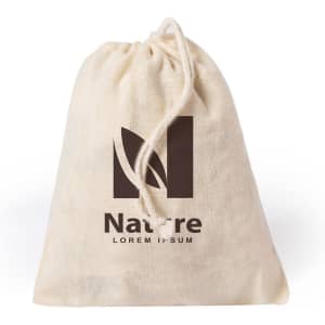 A foldable tote bag in natural beige with a drawstring closure and a logo prominently displayed.