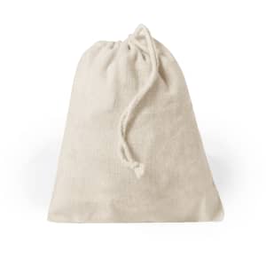 A cream-coloured foldable bag with a drawstring closure and a simple design. It features a logo.
