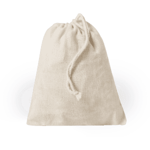 A cream-coloured foldable tote bag with a drawstring closure and a simple branding logo.