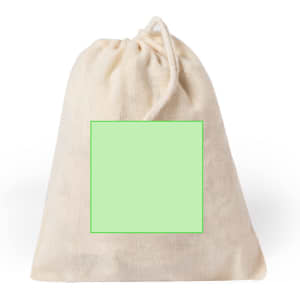A cream-coloured tote bag with a drawstring closure and a blank green square for customisation.