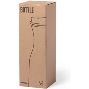 A drink bottle in a tall, cardboard packaging with a minimalist design. The bottle has a logo on it.