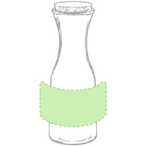 A drink bottle with a cork top, featuring a transparent body and a green label band. It has a simple, elegant design.