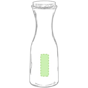 A drink bottle with a clear design, featuring a cork stopper and a green label area. It has a simple, elegant shape.