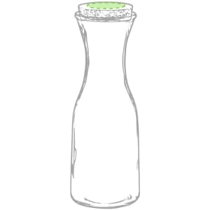 A drink bottle in a slender shape, featuring a green-capped cork, transparent body, and a logo.