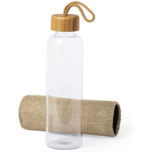 A drink bottle made of clear glass with a bamboo lid and a beige, textured sleeve. It includes a carrying strap.