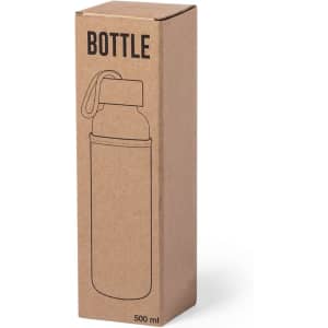 A drink bottle in a cardboard box, featuring a sleek design and a carrying strap. The bottle is grey.