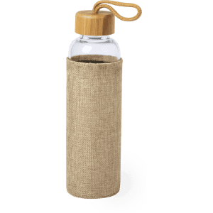 A drink bottle with a clear body, bamboo lid, and a natural linen pouch. It features a loop handle for easy carrying.