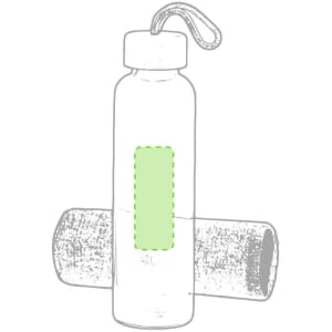 A drink bottle in transparent design with a green accent. It features a carrying strap and has a logo.