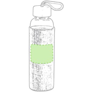 A drink bottle with a transparent body, a green sleeve, and a carrying strap. It features an area for customisation.