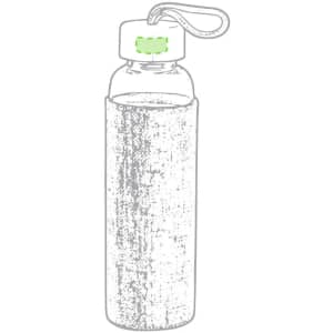 A drink bottle with a transparent body, grey sleeve, and a cap featuring a strap. It has a logo on the front.