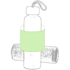 A drink bottle in a sleek design with a looped cap, featuring a soft green sleeve and a subtle branding element.
