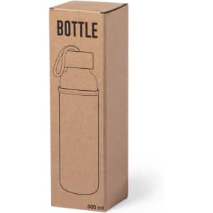 A drink bottle in a simple design, packaged in a cardboard box with a handle and a logo. Available in a muted colour.