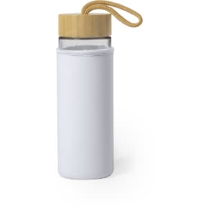 A drink bottle with a clear body, white sleeve, and wooden lid, featuring a convenient carry strap.