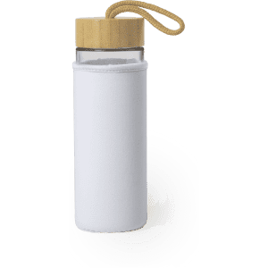 A drink bottle in a white sleeve with a bamboo lid and a woven handle. It features a sleek, modern design.