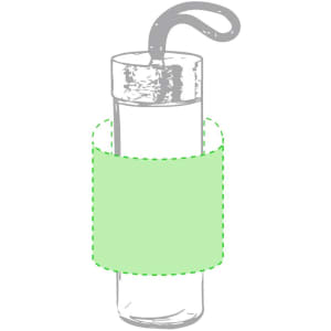 A drink bottle with a transparent body and a grey lid, featuring a green sleeve for grip.