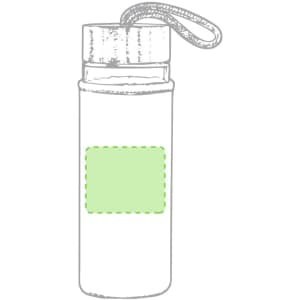 A drink bottle in a sleek design with a grey body and a light green label area, featuring a carrying strap.