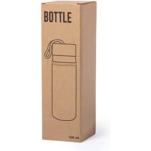 A drink bottle in a cardboard box, featuring a simple design and a cap with a strap, is displayed.