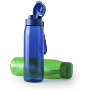 A drink bottle in blue with a flip-top lid, positioned alongside a green bottle. Both feature a sleek design and branding.