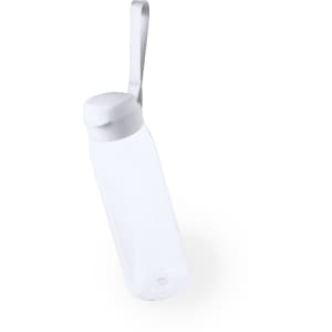 A drink bottle in clear plastic with a white lid and an attached carrying strap. It features a logo.