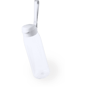 A drink bottle in transparent plastic with a white cap and a carrying strap. It features a logo.