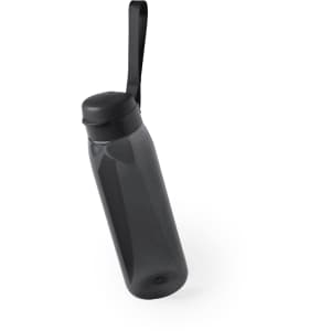 A drink bottle in black with a sleek design and a carrying strap. It features a cap and a smooth finish.