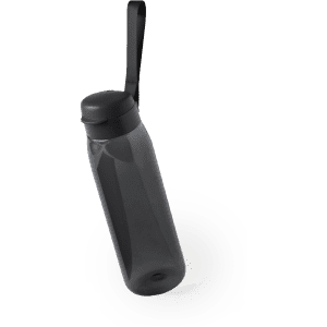 A drink bottle in a sleek, black design with a textured finish and a carrying strap. It features a logo.