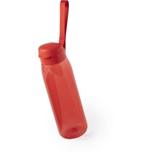 A drink bottle in bright red with a secure lid and a convenient carrying strap. It features a logo.