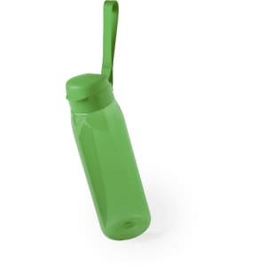 A drink bottle in a vibrant green colour featuring a sleek design and a convenient strap. It has a logo on the side.
