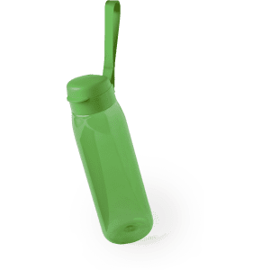 A drink bottle in a vibrant green colour with a geometric design and a carrying strap. It features branding on the side.