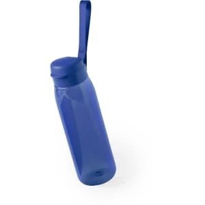 A drink bottle in a sleek blue design with a matching cap and a handy strap for carrying.