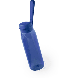 A drink bottle in a vibrant blue colour with a screw-top lid and a carrying strap. It features a logo.