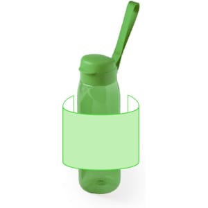 A drink bottle in transparent green with a matching lid and a handle, featuring a blank label area.