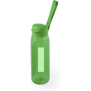 A green drink bottle with a secure lid and a handle, featuring a logo on the side.