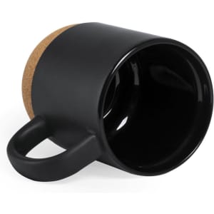 A black coffee mug with a cork base and a matte finish, featuring a comfortable handle and a glossy interior.